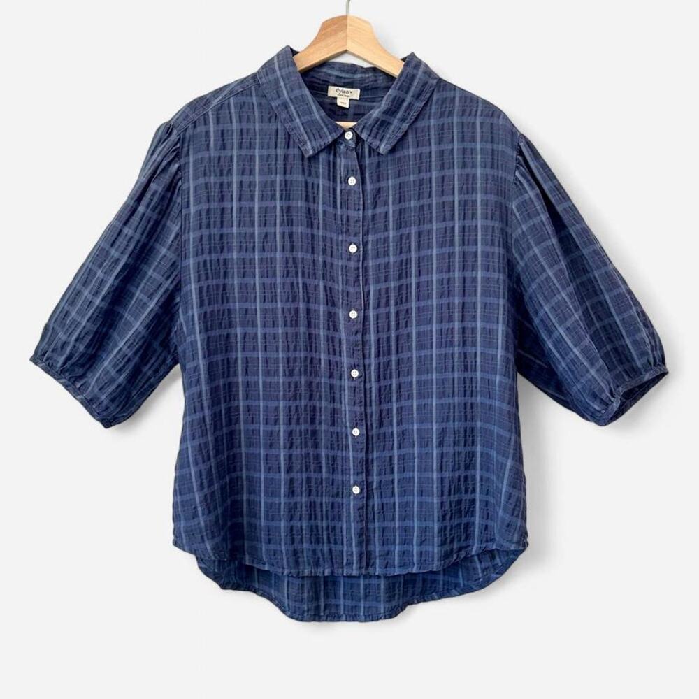 $105 Dylan Navy Blue Plaid Seersucker Puff Sleeve Button Down Shirt- Size XL